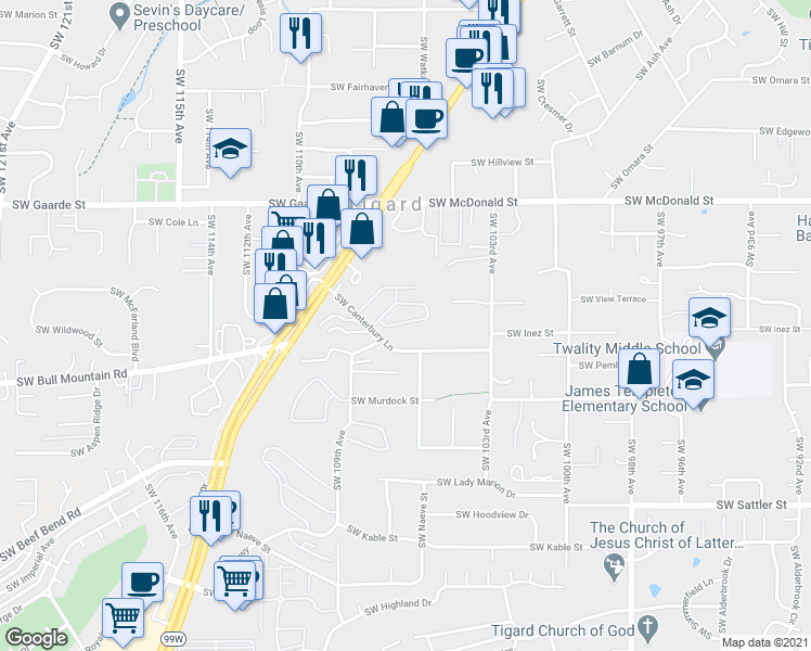 map of restaurants, bars, coffee shops, grocery stores, and more near 10743 Southwest Canterbury Lane in Tigard