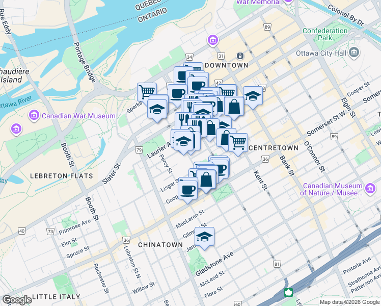 map of restaurants, bars, coffee shops, grocery stores, and more near 470 Laurier Avenue West in Ottawa