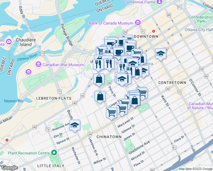 map of restaurants, bars, coffee shops, grocery stores, and more near in Ottawa