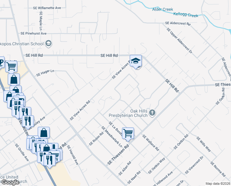 map of restaurants, bars, coffee shops, grocery stores, and more near 4755 Southeast Concord Road in Milwaukie