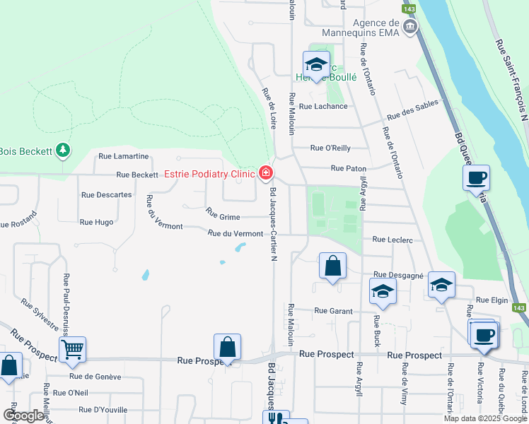 map of restaurants, bars, coffee shops, grocery stores, and more near 1815 Rue Grime in Sherbrooke
