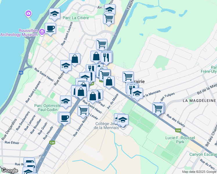 map of restaurants, bars, coffee shops, grocery stores, and more near 675 Chemin de Saint-Jean in La Prairie