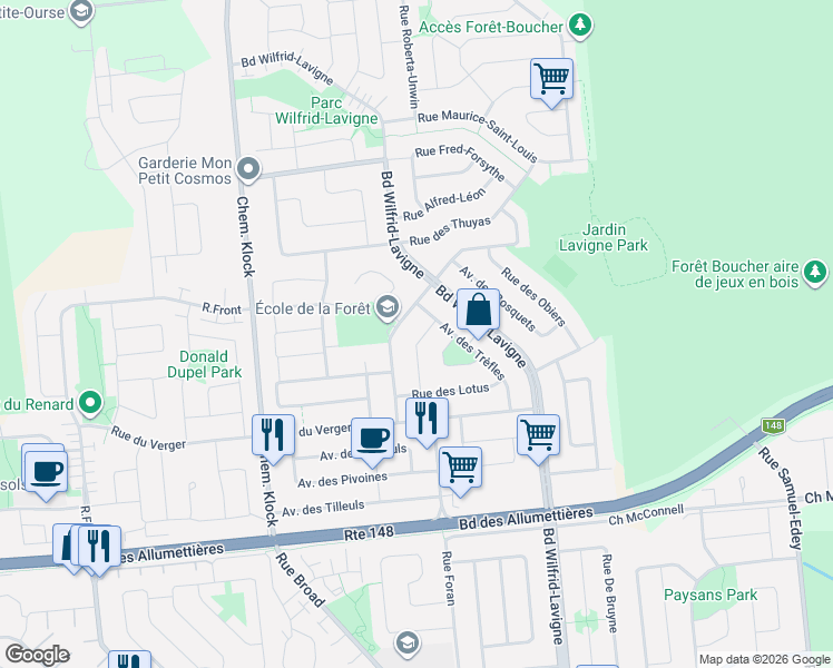 map of restaurants, bars, coffee shops, grocery stores, and more near 79 Rue des Camelias in Gatineau