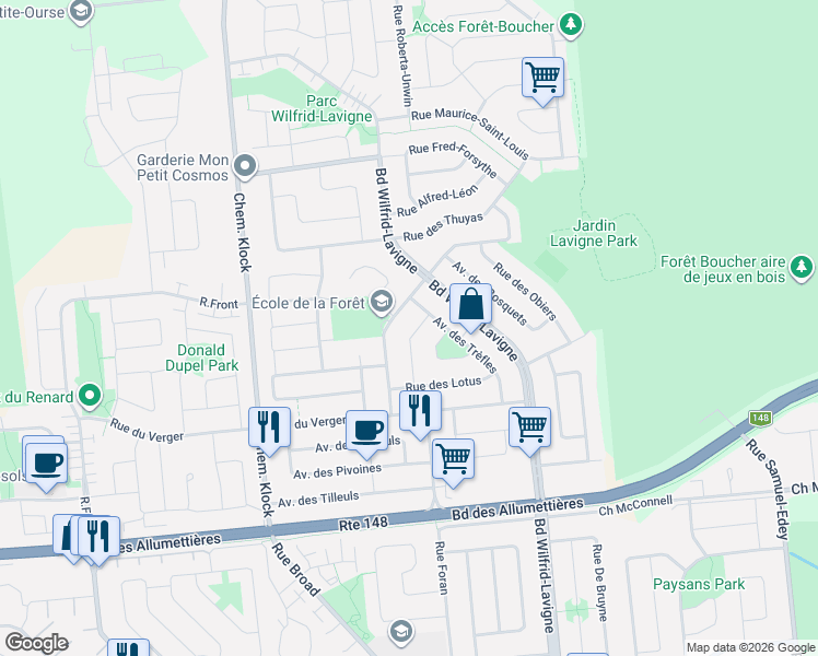 map of restaurants, bars, coffee shops, grocery stores, and more near 79 Rue des Camelias in Gatineau