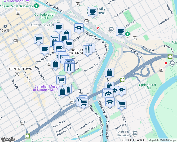 map of restaurants, bars, coffee shops, grocery stores, and more near 66 Delaware Avenue in Ottawa