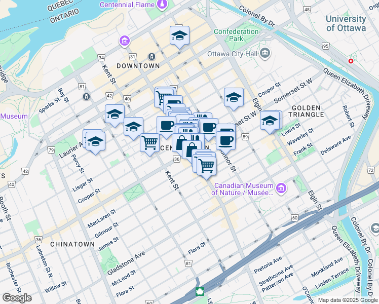 map of restaurants, bars, coffee shops, grocery stores, and more near in Ottawa