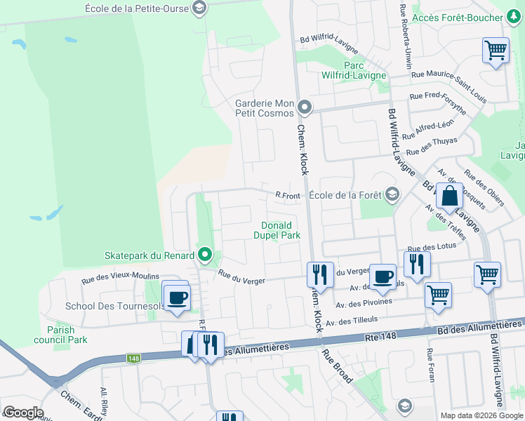 map of restaurants, bars, coffee shops, grocery stores, and more near 131 Rue du Carcajou in Gatineau