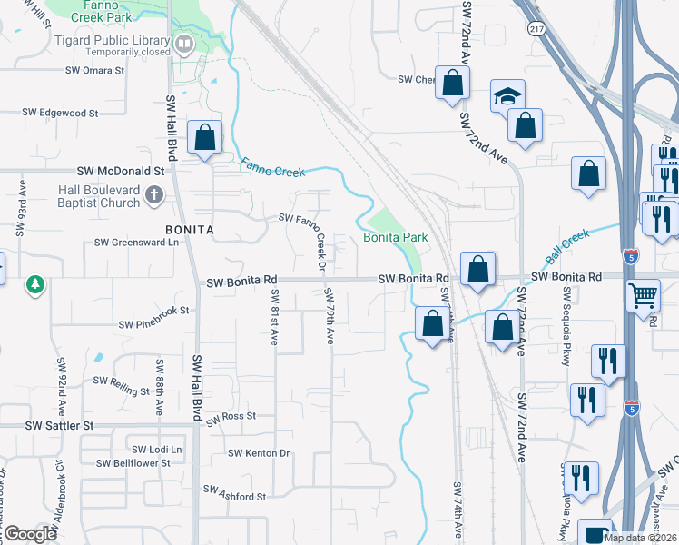 map of restaurants, bars, coffee shops, grocery stores, and more near 7775 Southwest Bonita Road in Tigard
