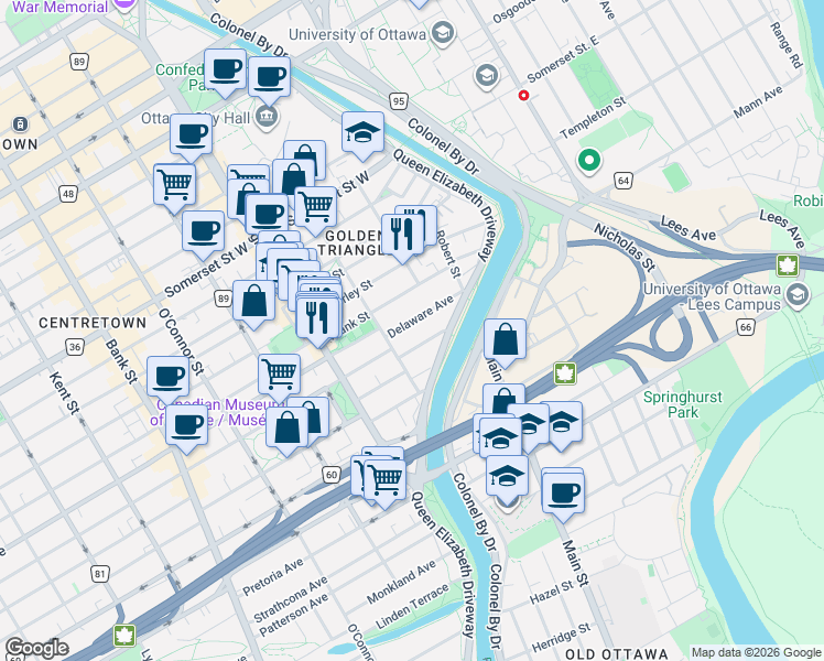 map of restaurants, bars, coffee shops, grocery stores, and more near 64 Delaware Avenue in Ottawa