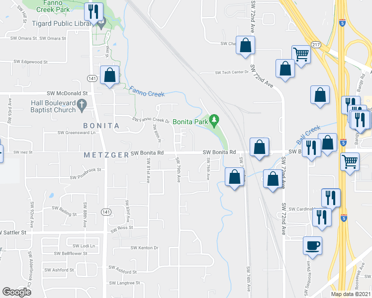 map of restaurants, bars, coffee shops, grocery stores, and more near 7822 Southwest Dune Grass Lane in Tigard