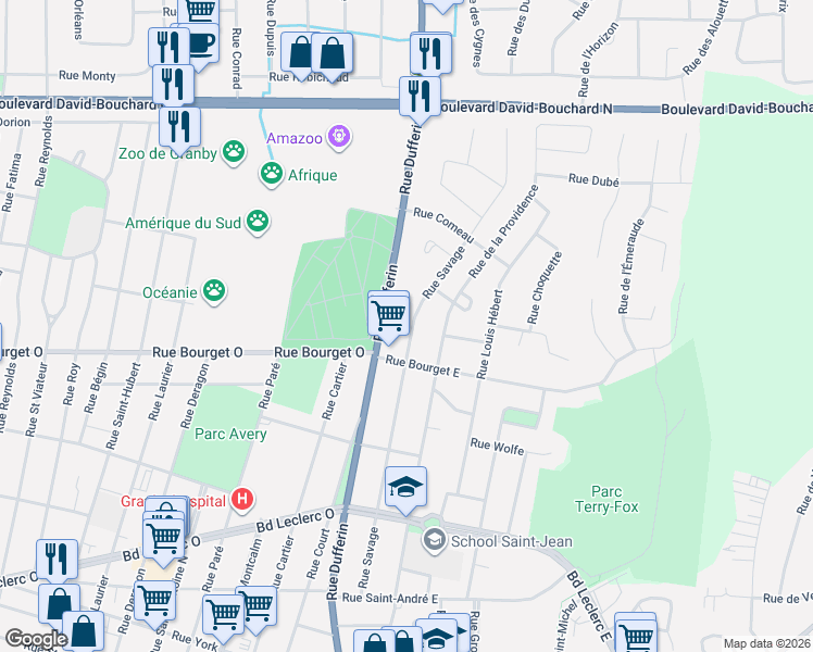 map of restaurants, bars, coffee shops, grocery stores, and more near 384 Rue Savage in Granby