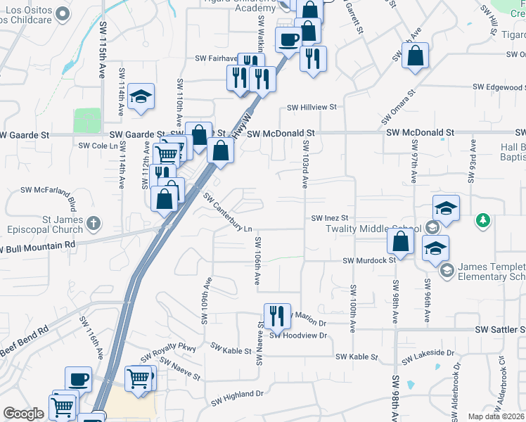 map of restaurants, bars, coffee shops, grocery stores, and more near 10711 Southwest Canterbury Lane in Tigard