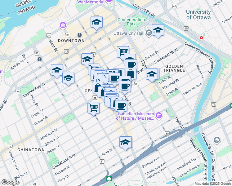 map of restaurants, bars, coffee shops, grocery stores, and more near 335 MacLaren Street in Ottawa