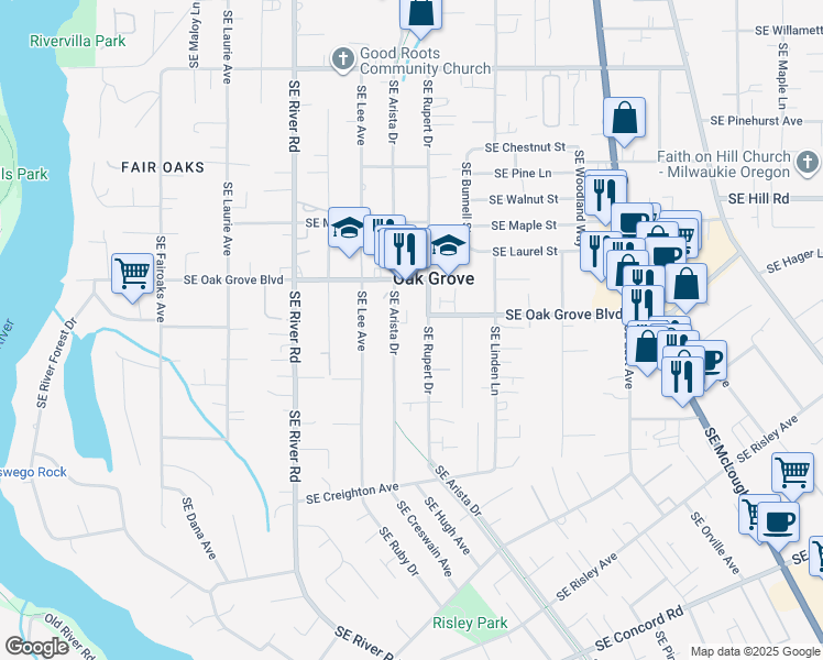 map of restaurants, bars, coffee shops, grocery stores, and more near 2219 Southeast Trolley Line Lane in Milwaukie