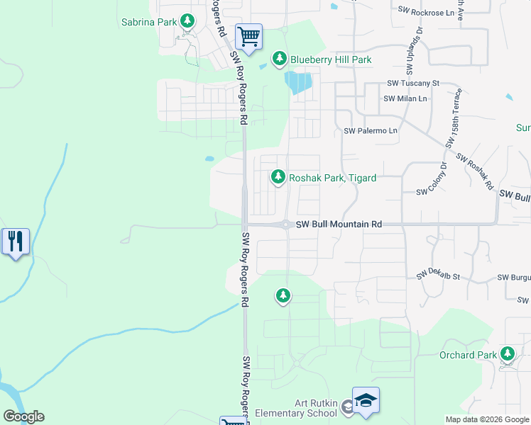map of restaurants, bars, coffee shops, grocery stores, and more near 16870 Southwest Rockhampton Lane in Tigard