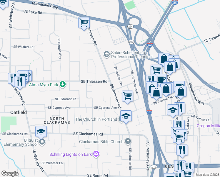 map of restaurants, bars, coffee shops, grocery stores, and more near 14839 Southeast Johnson Road in Milwaukie