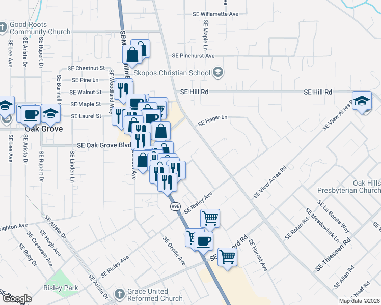 map of restaurants, bars, coffee shops, grocery stores, and more near 3463 Southeast McCartney Lane in Milwaukie