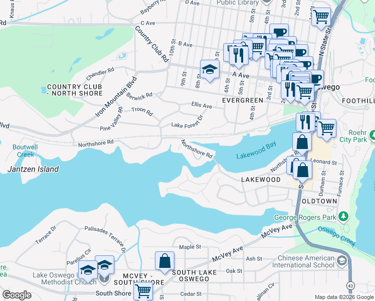 map of restaurants, bars, coffee shops, grocery stores, and more near 876 Northshore Road in Lake Oswego