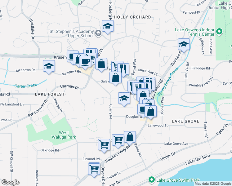 map of restaurants, bars, coffee shops, grocery stores, and more near 4260 Country Woods Court in Lake Oswego