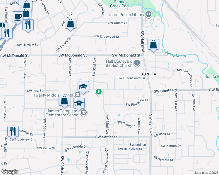 map of restaurants, bars, coffee shops, grocery stores, and more near 9085 Southwest Inez Street in Tigard