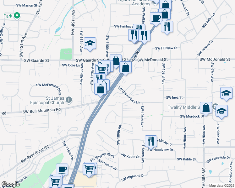 map of restaurants, bars, coffee shops, grocery stores, and more near 10800 Southwest Canterbury Lane in Portland