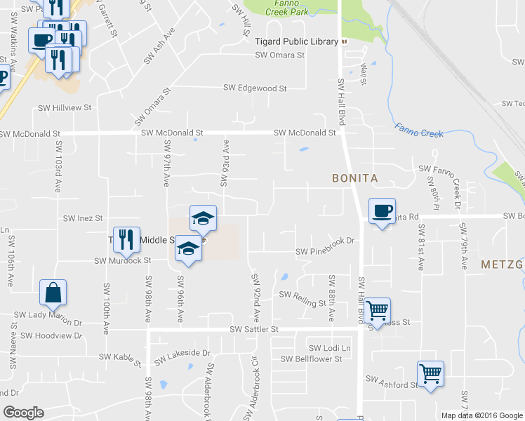 map of restaurants, bars, coffee shops, grocery stores, and more near 9085 Southwest Inez Street in Tigard
