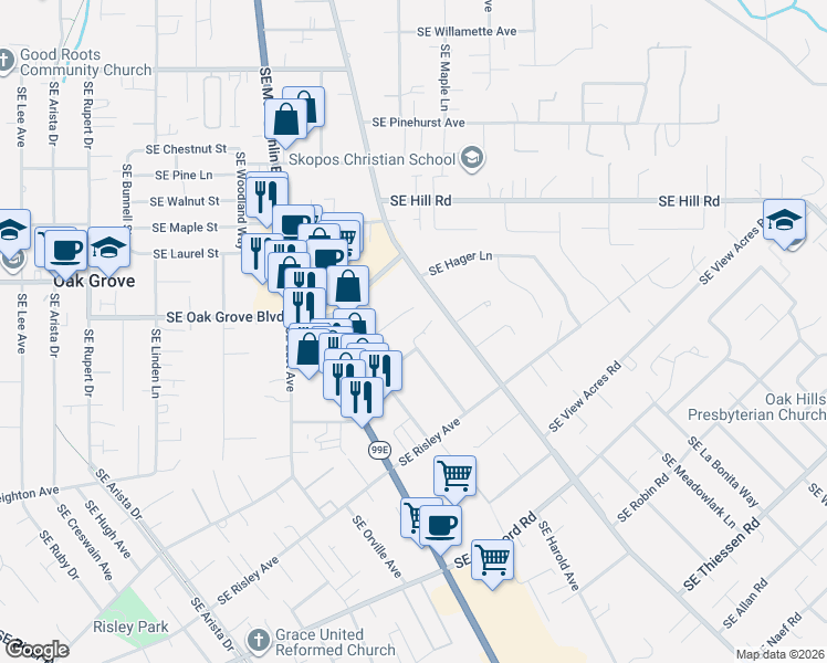 map of restaurants, bars, coffee shops, grocery stores, and more near 3463 Southeast McCartney Lane in Milwaukie
