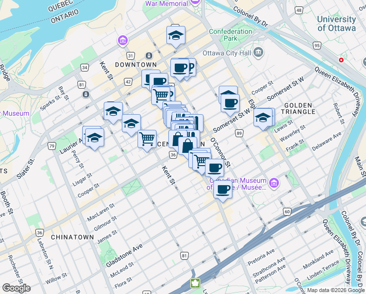 map of restaurants, bars, coffee shops, grocery stores, and more near 290 Bank Street in Ottawa