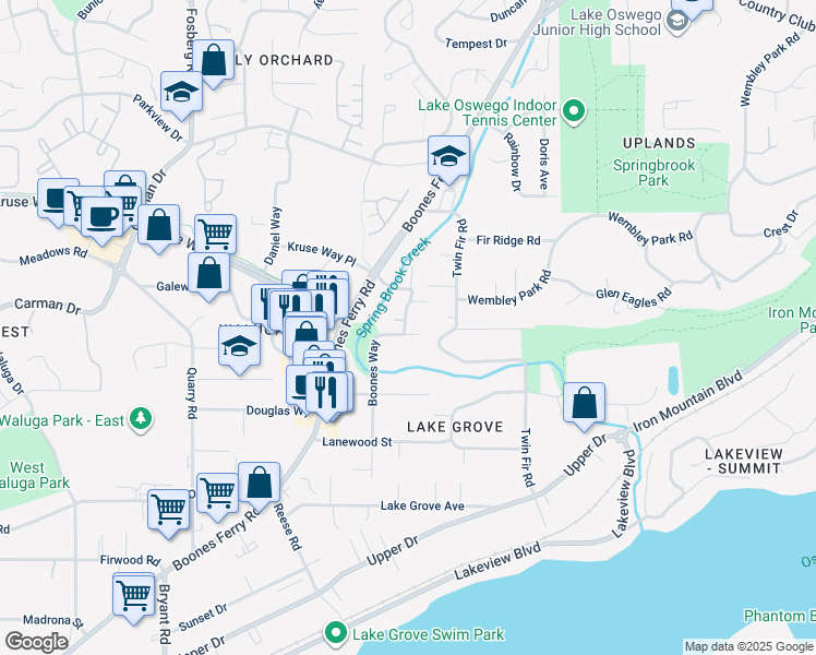 map of restaurants, bars, coffee shops, grocery stores, and more near 3501 Devonshire in Lake Oswego
