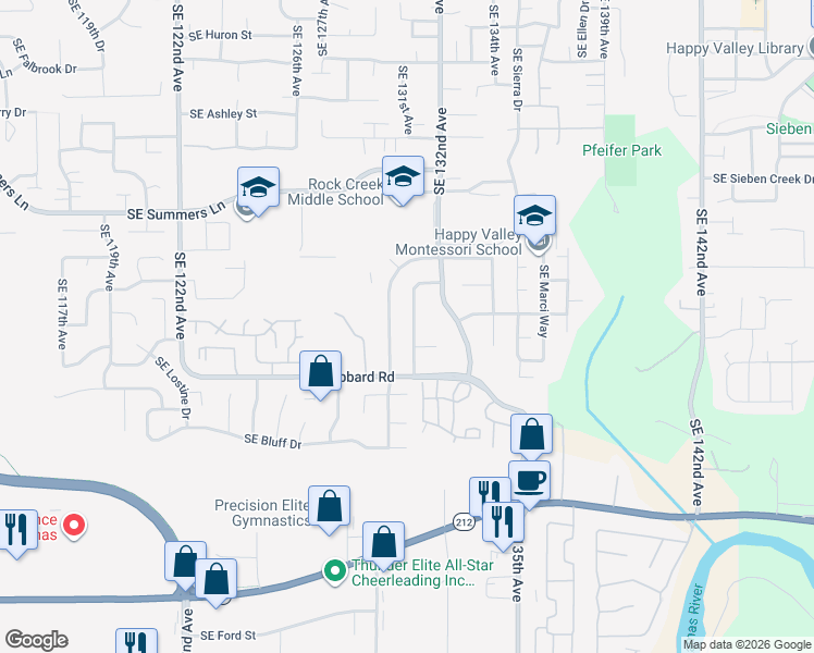 map of restaurants, bars, coffee shops, grocery stores, and more near 14833 Southeast 131st Drive in Clackamas