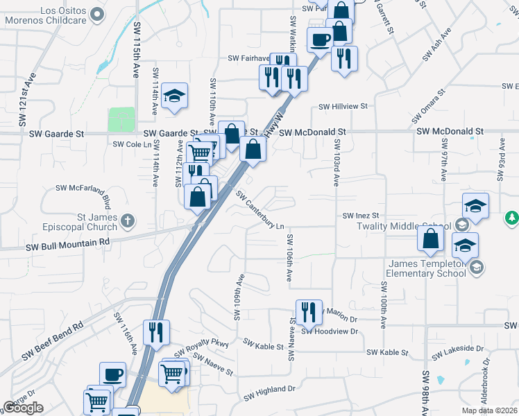 map of restaurants, bars, coffee shops, grocery stores, and more near 10797 Southwest Canterbury Lane in Tigard