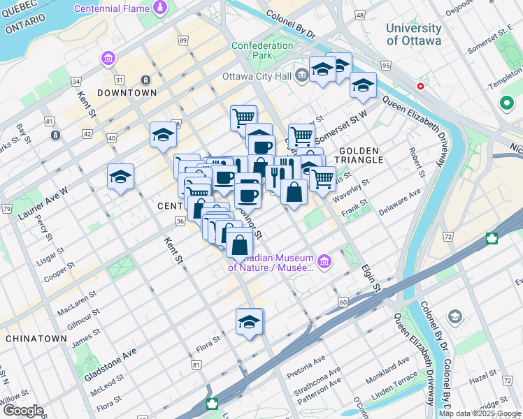 map of restaurants, bars, coffee shops, grocery stores, and more near in Ottawa