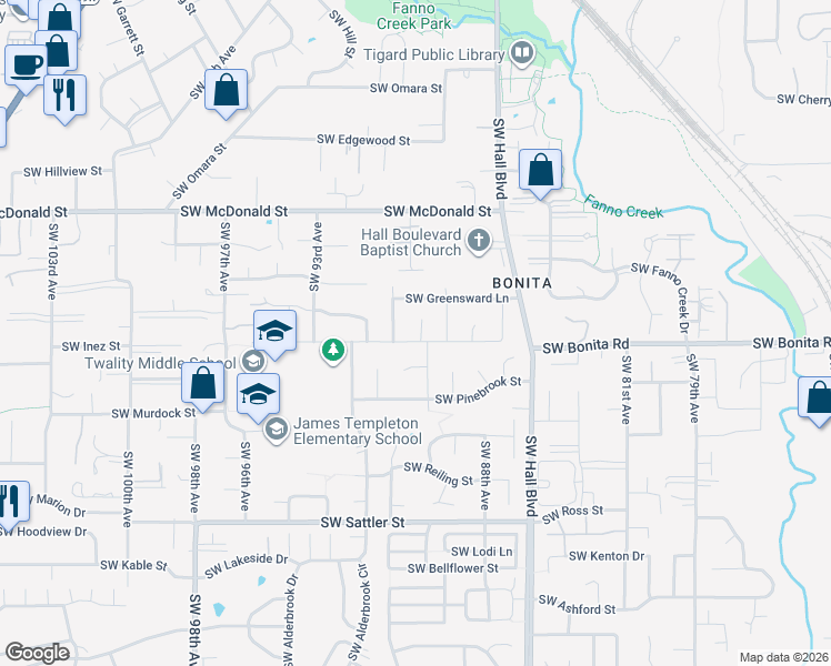 map of restaurants, bars, coffee shops, grocery stores, and more near 8933 Southwest Inez Street in Tigard