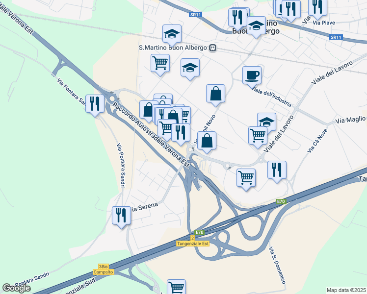 map of restaurants, bars, coffee shops, grocery stores, and more near 35 Viale del Lavoro in San Martino Buon Albergo