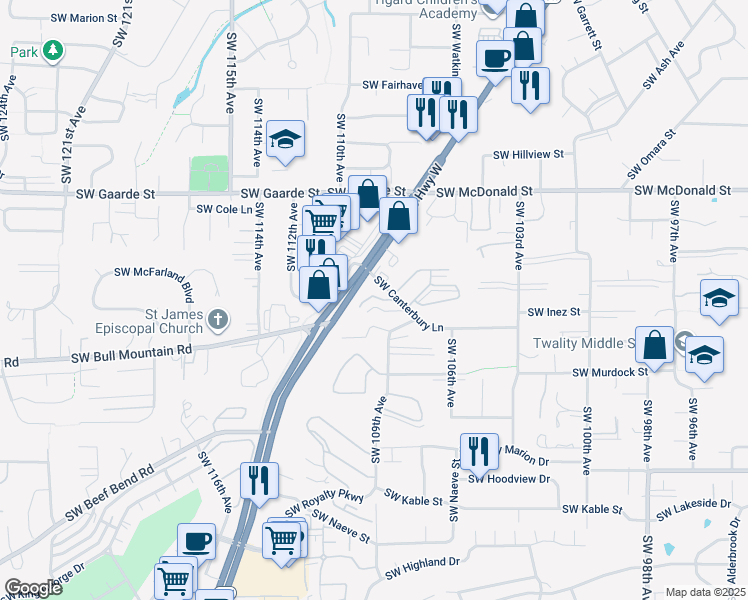 map of restaurants, bars, coffee shops, grocery stores, and more near 10800 Southwest Canterbury Lane in Portland