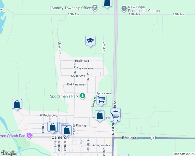map of restaurants, bars, coffee shops, grocery stores, and more near 615 3rd Street North in Cameron
