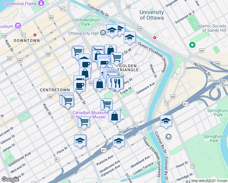 map of restaurants, bars, coffee shops, grocery stores, and more near 380 Elgin Street in Ottawa