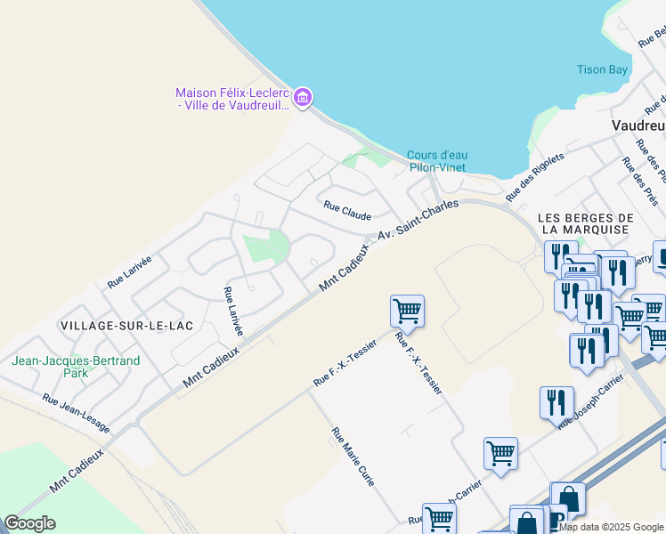 map of restaurants, bars, coffee shops, grocery stores, and more near 25 Rue Delorme in Vaudreuil-Dorion