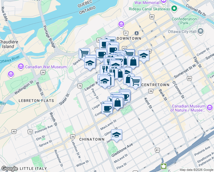 map of restaurants, bars, coffee shops, grocery stores, and more near 245 Bay Street in Ottawa