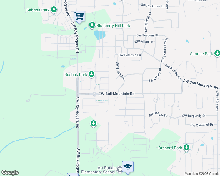 map of restaurants, bars, coffee shops, grocery stores, and more near 14410 Southwest 165th Avenue in Tigard