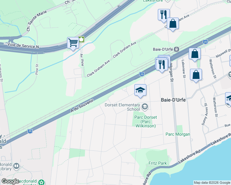 map of restaurants, bars, coffee shops, grocery stores, and more near 131 Rue Churchill in Baie-d'Urfé