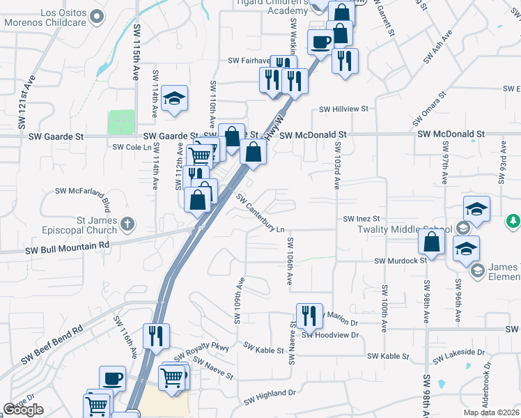 map of restaurants, bars, coffee shops, grocery stores, and more near 10797 Southwest Canterbury Lane in Tigard