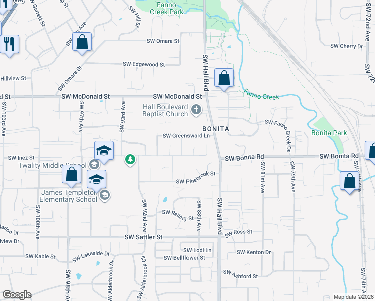 map of restaurants, bars, coffee shops, grocery stores, and more near 8799 Southwest Inez Street in Tigard