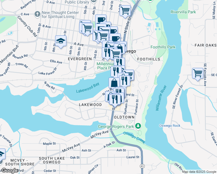 map of restaurants, bars, coffee shops, grocery stores, and more near 121 Northshore Road in Lake Oswego