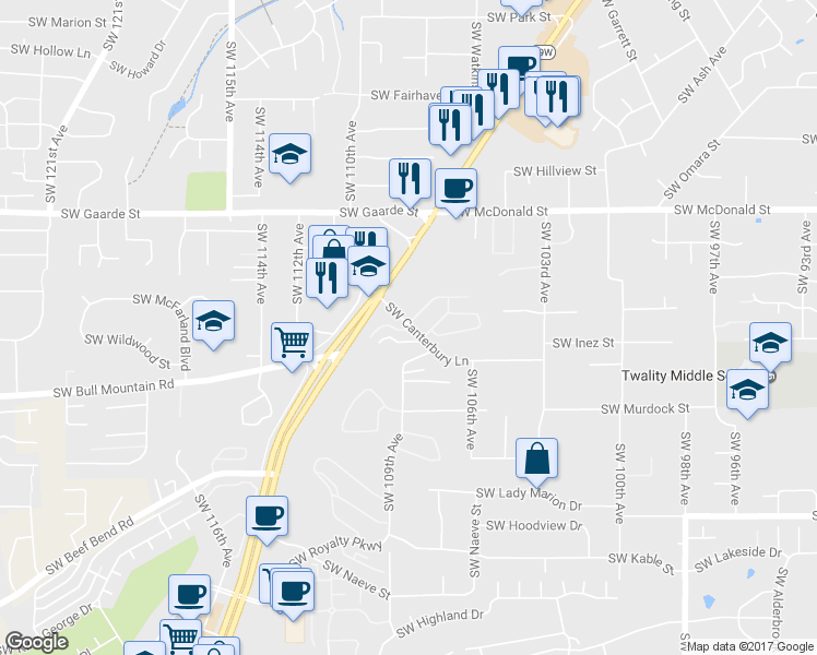 map of restaurants, bars, coffee shops, grocery stores, and more near 10890 Southwest Canterbury Lane in Tigard