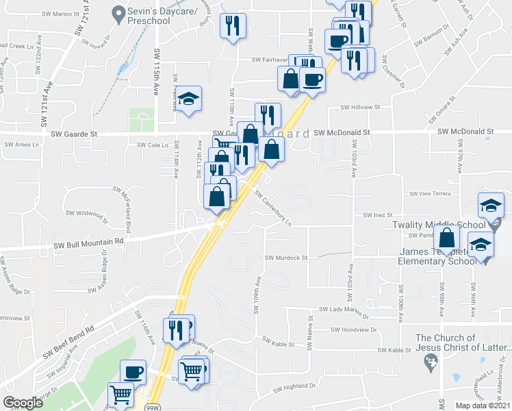 map of restaurants, bars, coffee shops, grocery stores, and more near 10800 Southwest Canterbury Lane in Portland