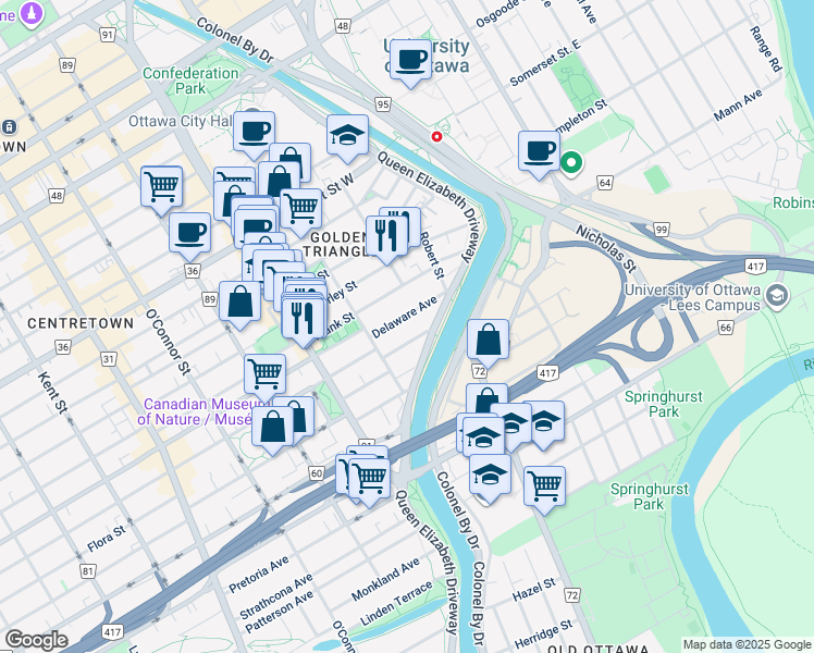map of restaurants, bars, coffee shops, grocery stores, and more near in Ottawa