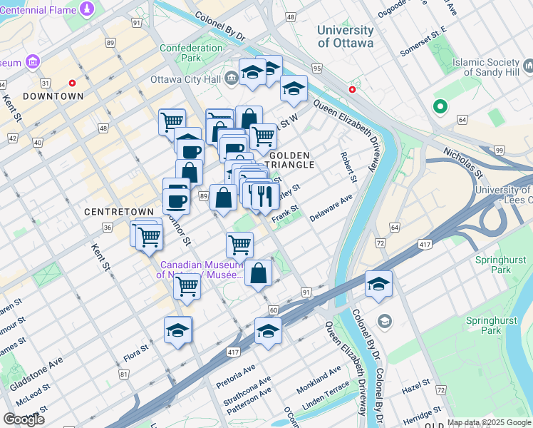 map of restaurants, bars, coffee shops, grocery stores, and more near 380 Elgin Street in Ottawa