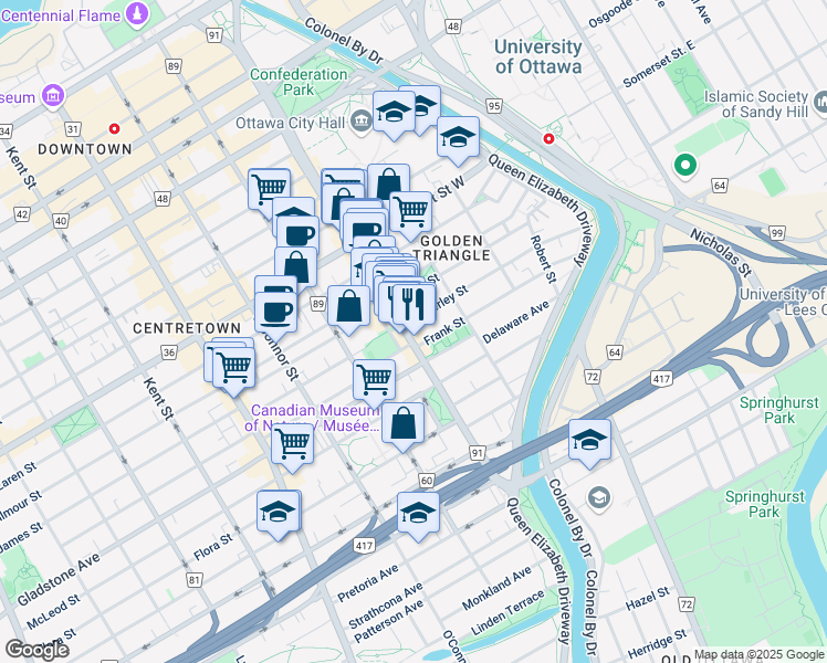 map of restaurants, bars, coffee shops, grocery stores, and more near 380 Elgin Street in Ottawa