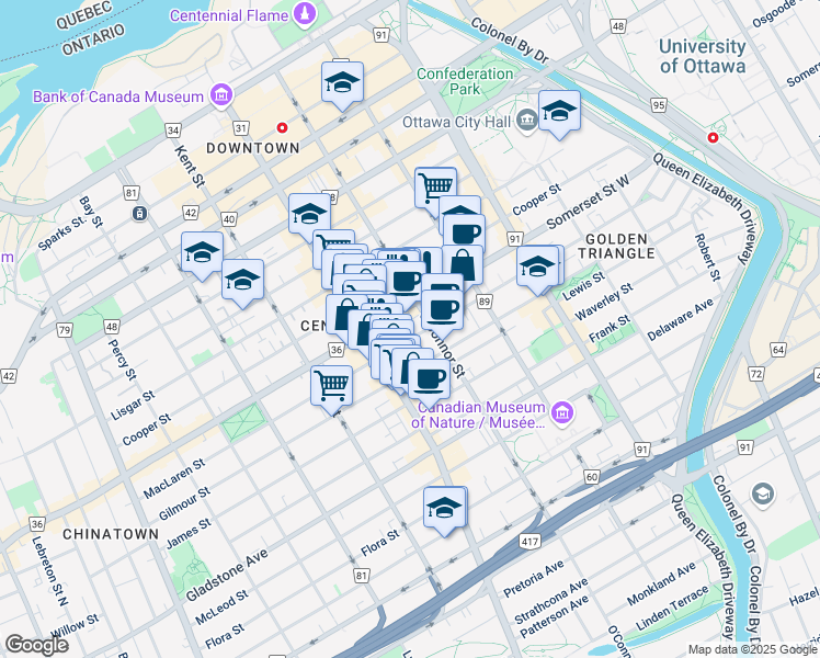 map of restaurants, bars, coffee shops, grocery stores, and more near 332 Somerset Street West in Ottawa